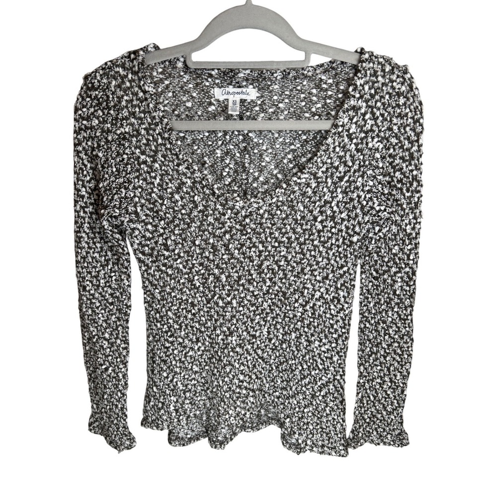Aeropostale Juniors Girls XS Gray &Wht Loose Knit V Neck Long Sleeve Sweater Y2K